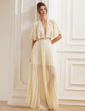 Romantic V-Neck Waist Lace Peplum Sleeve Hem Layered Long Dress (Baby Yellow)