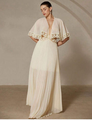 Romantic V-Neck Waist Lace Peplum Sleeve Hem Layered Long Dress (Baby Yellow)