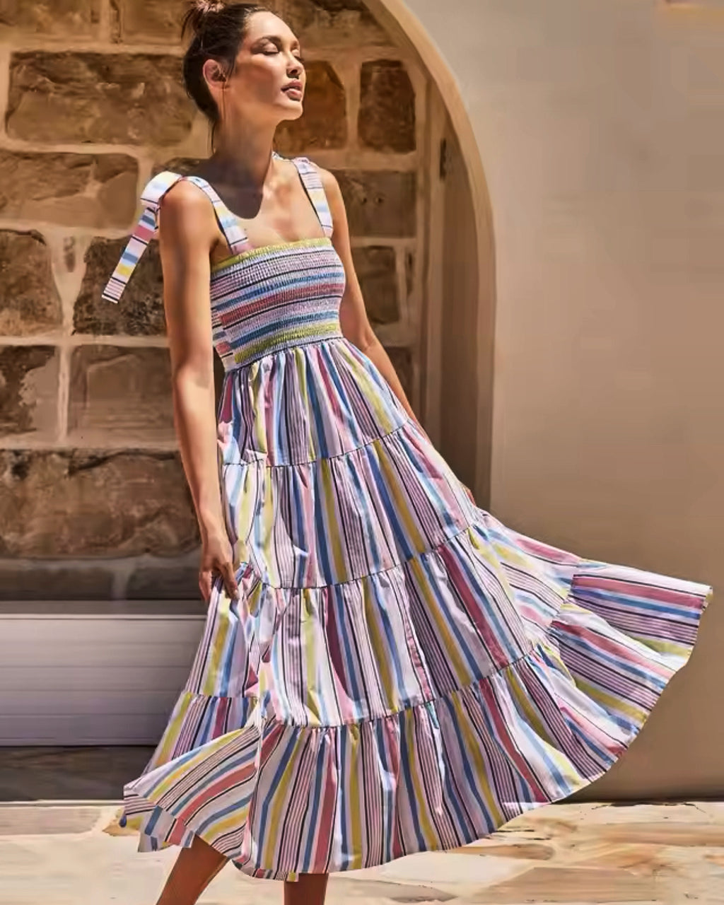 Striped Tie-Shoulder Smocked Tiered Dress