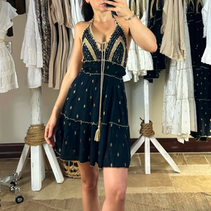 ALMA BLACK CROCHET HALTER SHORT DRESS