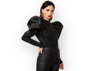 Belluqui Sequin Puff Tulle Sleeve Blouse