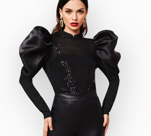 Belluqui Sequin Puff Tulle Sleeve Blouse