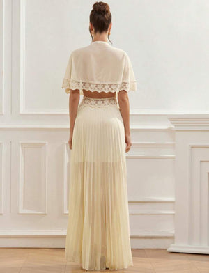 Romantic V-Neck Waist Lace Peplum Sleeve Hem Layered Long Dress (Baby Yellow)