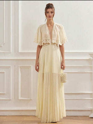 Romantic V-Neck Waist Lace Peplum Sleeve Hem Layered Long Dress (Baby Yellow)