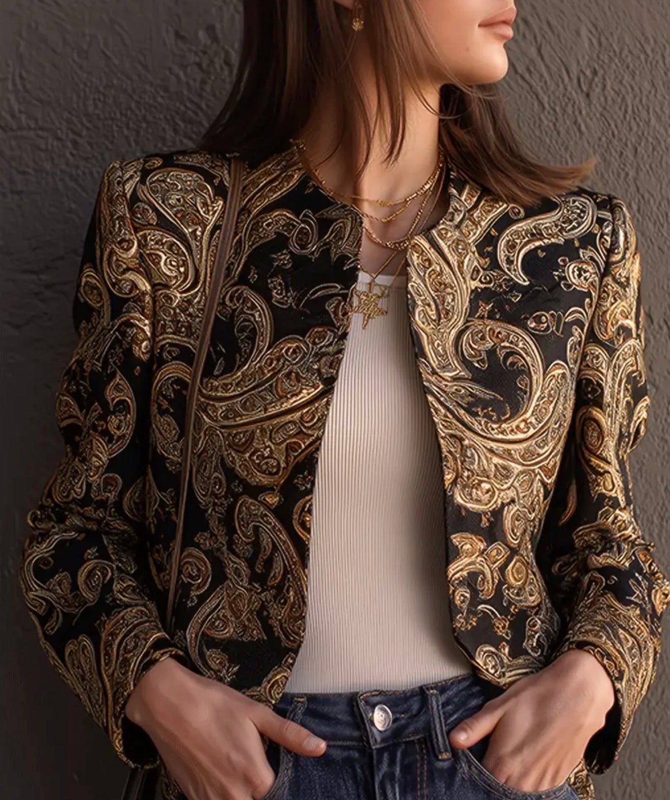 This is a black and gold paisley blazer Bolero Jacket