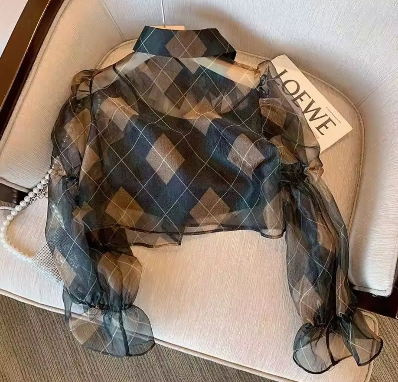 Via sheer mesh argyle blouse with ruffled cuffs and collar