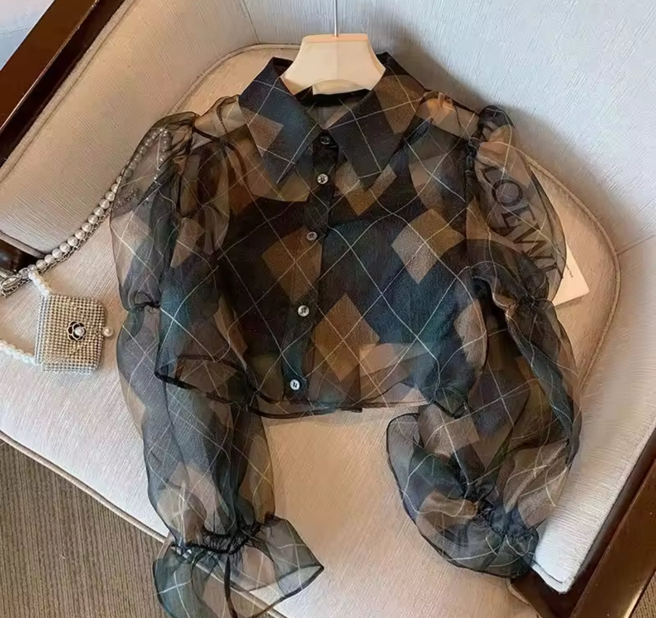 Via sheer mesh argyle blouse with ruffled cuffs and collar