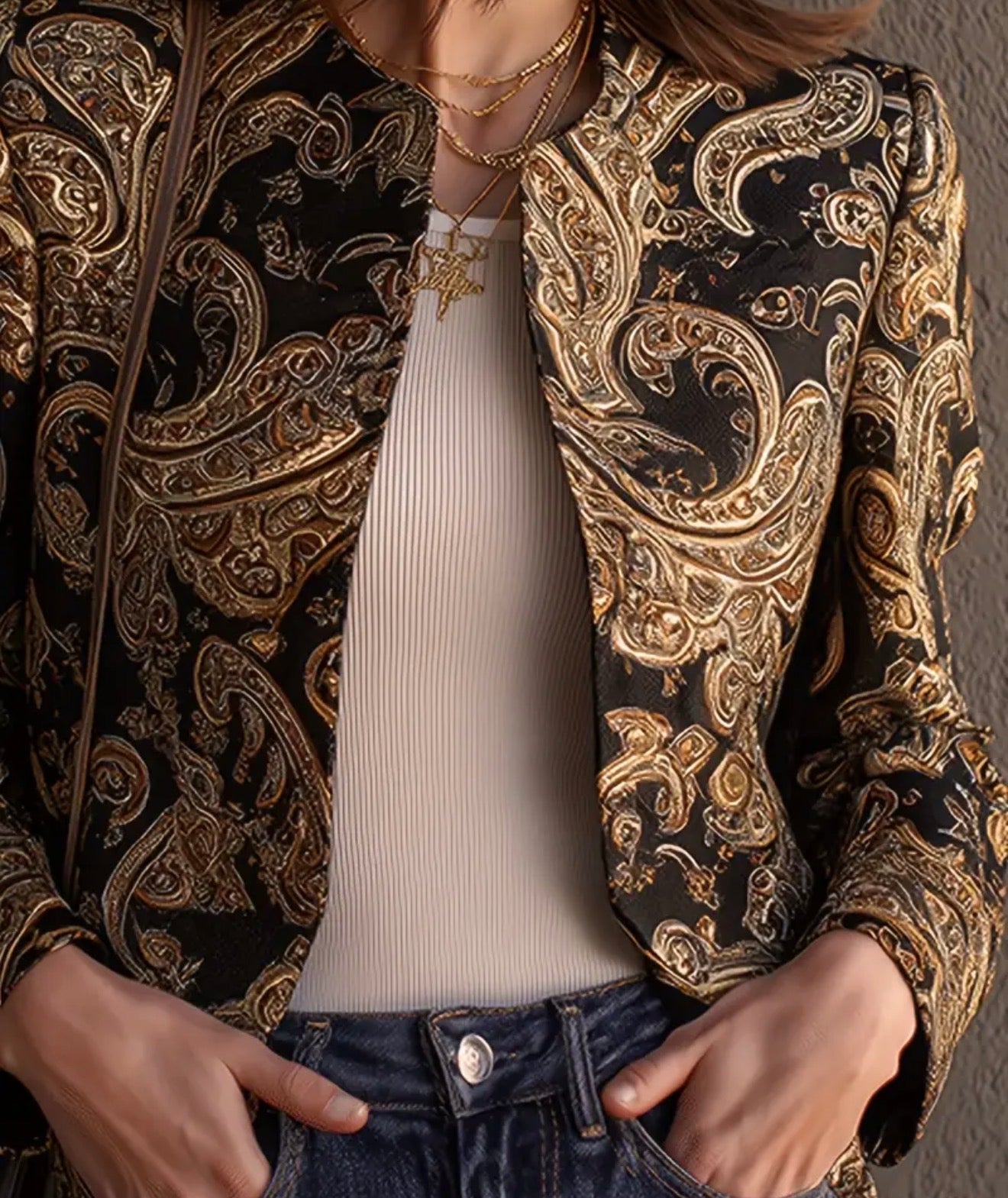 This is a black and gold paisley blazer Bolero Jacket