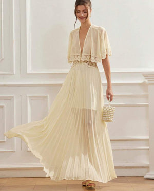Romantic V-Neck Waist Lace Peplum Sleeve Hem Layered Long Dress (Baby Yellow)