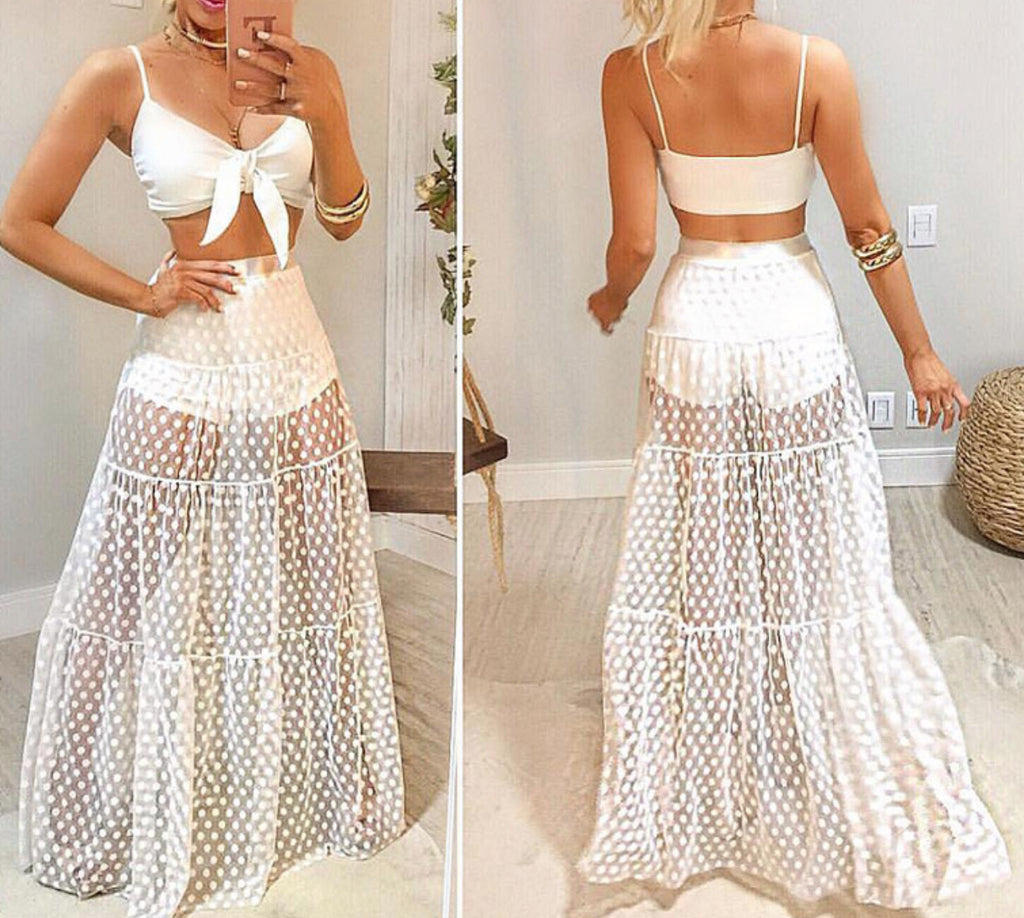 see-through mesh skirt.