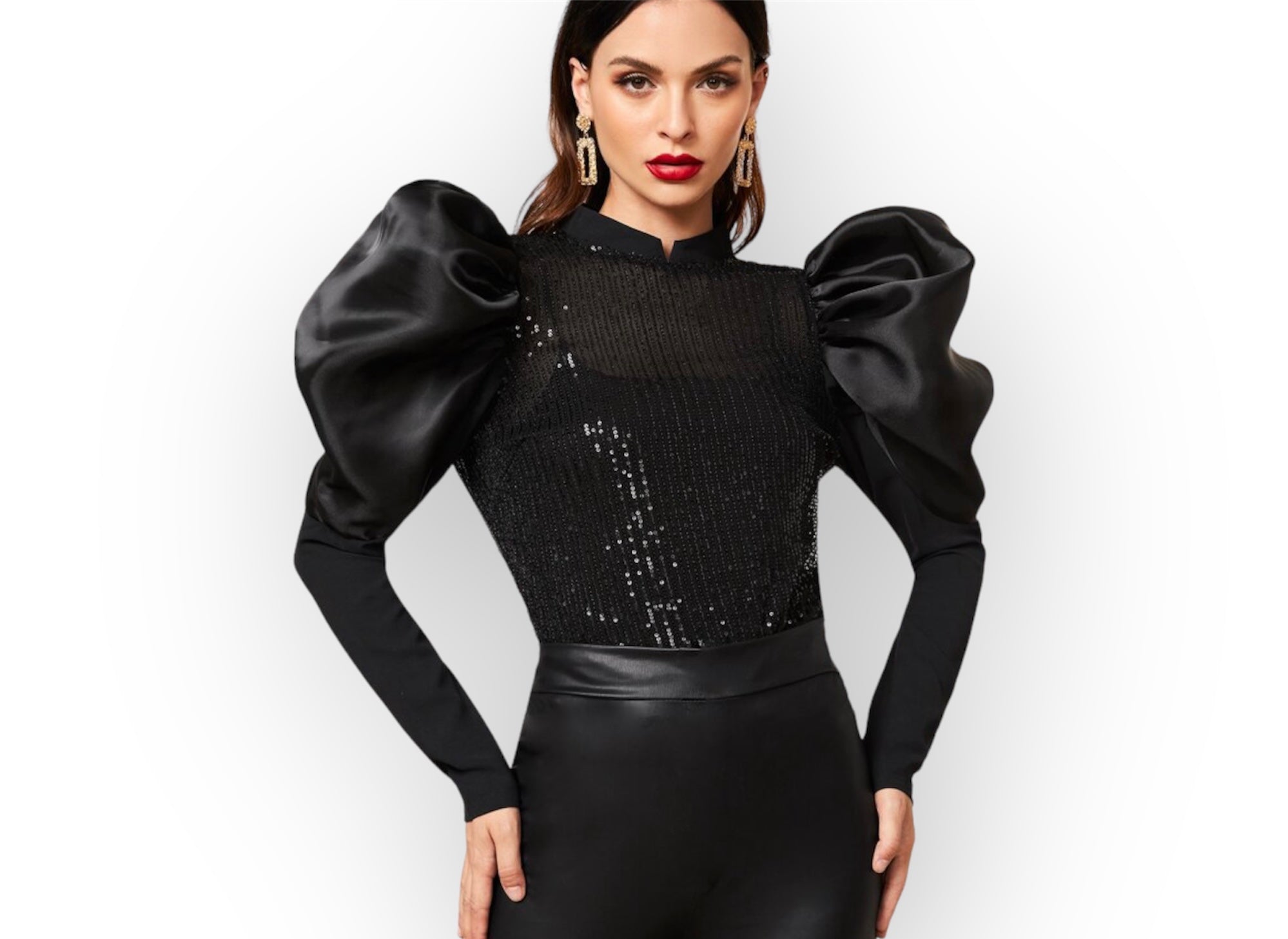 Belluqui Sequin Puff Tulle Sleeve Blouse