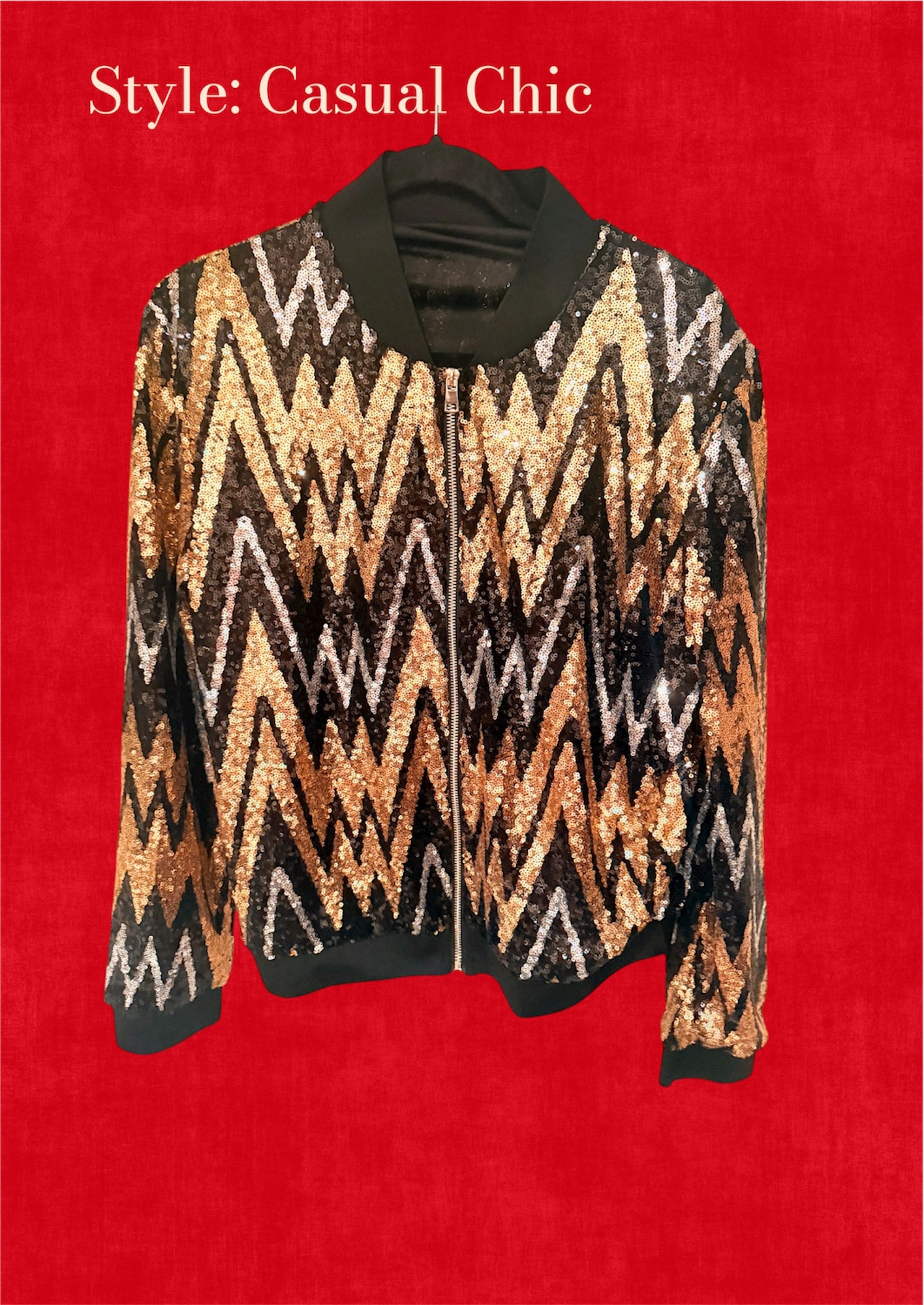 sequin bomber jacket with a black, gold, and silver chevron pattern