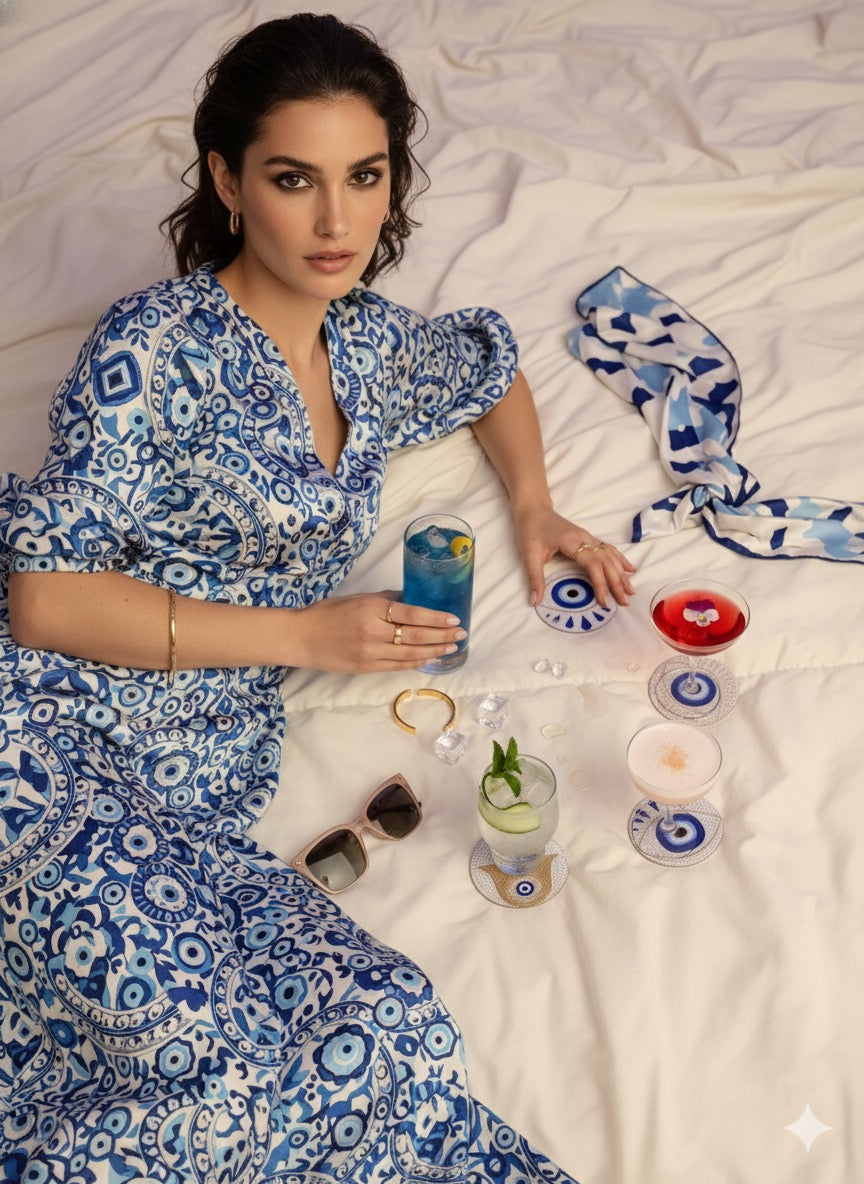 set of 4 coasters featuring the evil eye and Hamsa hand symbols