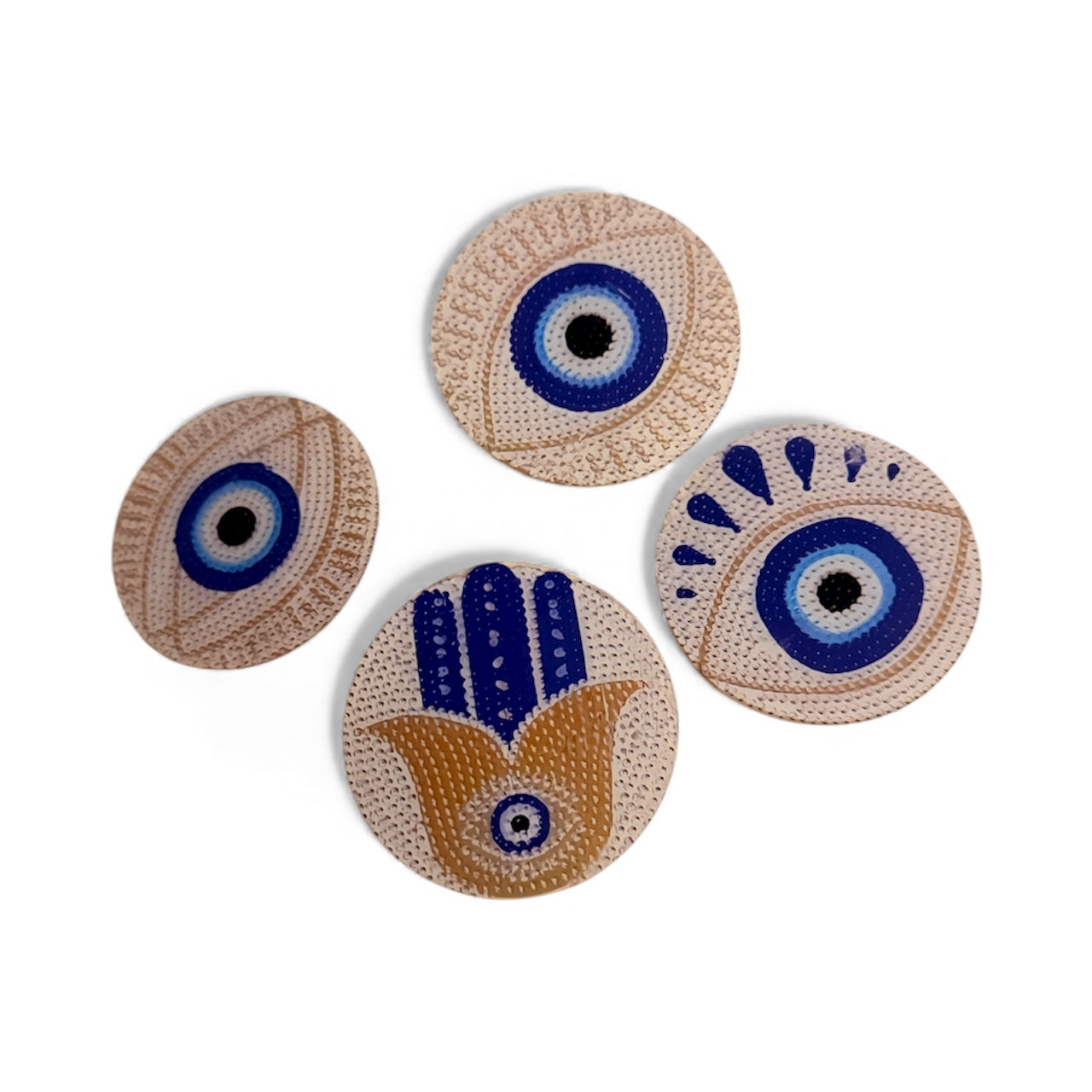 set of 4 coasters featuring the evil eye and Hamsa hand symbols