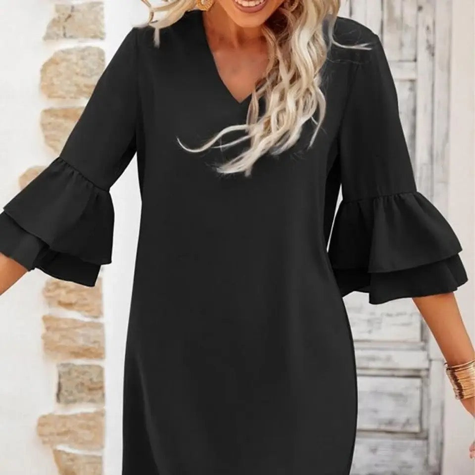 V-Neck Solid Color Loose Fit Dress